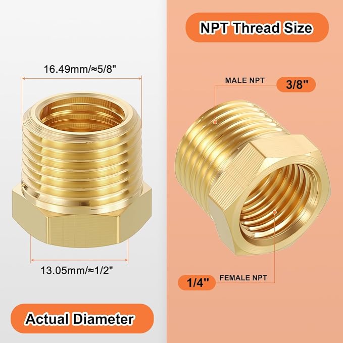 5 Pack Male to FeMale Adapter, 3/8" NTP Male x 1/4" NTP Female Threaded Brass - Image 2