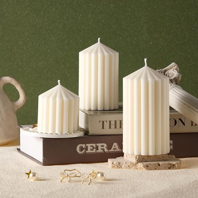 Conelist Set of 3 White Ribbed Pillar Candles Soy Wax Scented Ribbed Candle | by Conelist