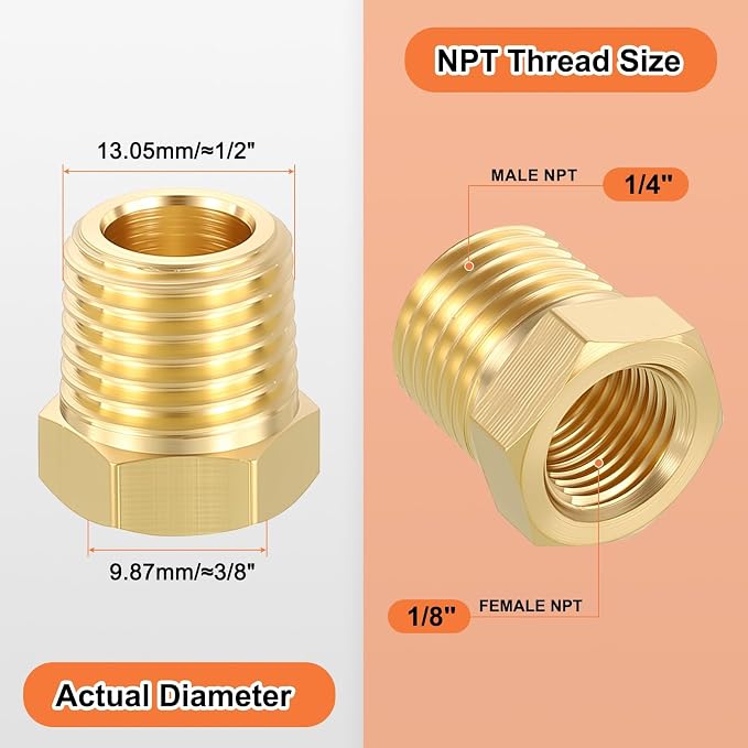6 Pack Male to FeMale Adapters, 1/4" MNPT x 1/8" FNPT Brass Hex Bushing Reducer - Image 2