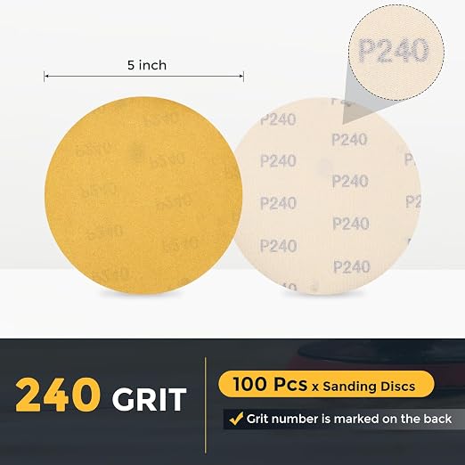 HARFINGTON 100 Pcs 5 Inch Sanding Discs 240 Grit Yellow Aluminum Oxide | Hook - Image 2