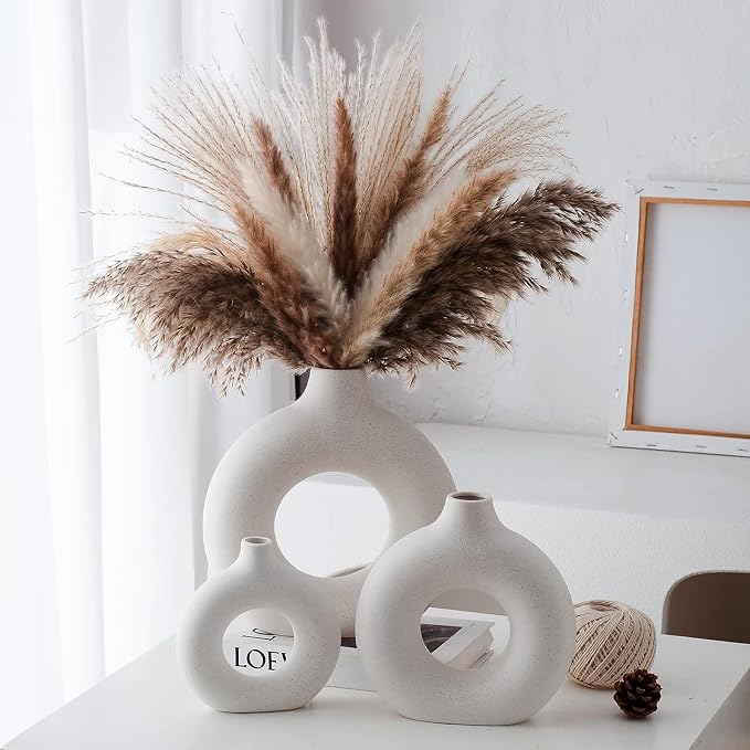 White Ceramic Donut Vase Set of 2, Hollow Matte Pampas Flower Vases - Image 6