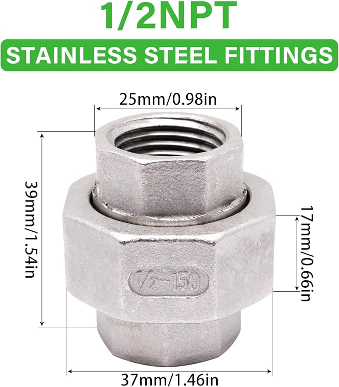 304 Stainless Steel Pipe Fittings Union 1/2" NPT Female to Female 2pcs - Image 2