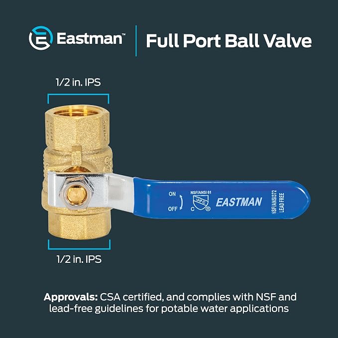 Eastman 1/2 Inch IPS Heavy Duty Full Port Ball Valve, Brass Plumbing Fitting - Image 6