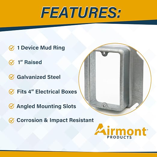 1" Raised Mud Rings, Square Device Cover, 1-Gang Outlet Cover, 4x4 Inch - Image 5