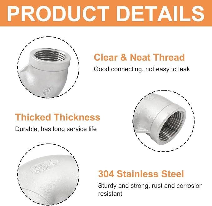2Pcs 304 Stainless Steel 90 Degree Elbow Fittings, Cast Pipe Fittings, - Image 3