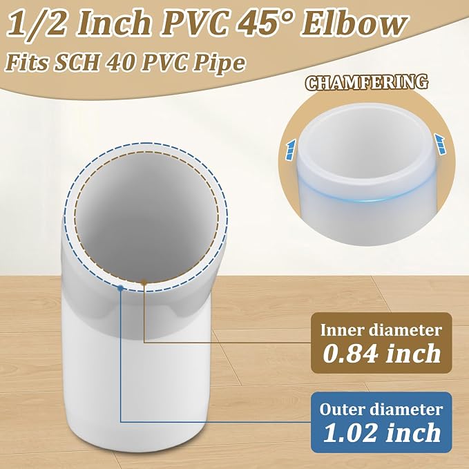20-Pack 1/2" 45 Degree Elbow PVC Fittings, Furniture Grade Pipe Fittings 45 - Image 2