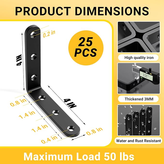 25Pcs Black Angle Brackets 4”x 4” Heavy Duty Corner Bracket 3MM - Image 2