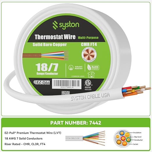 Syston 18/7 Thermostat Doorbell HVAC Heating Control Cable Wire, 100% Solid - Image 3