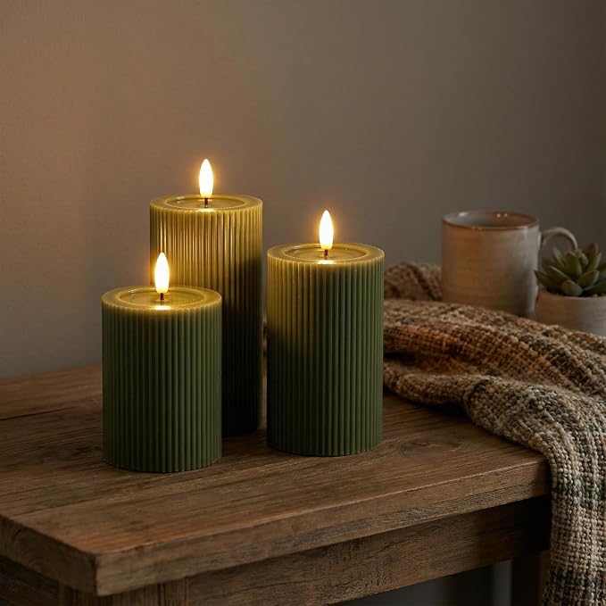Ribbed Fluted Real Wax Flameless LED Pillar Candles, Loden Sage Olive Green - Image 7