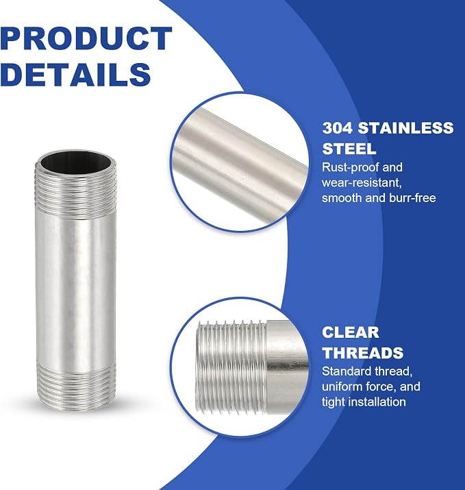 PATIKIL 304 Stainless Steel Pipe Fitting, 2 Pack 3/4" BSP Male x 3/4" BSP Male - Image 4