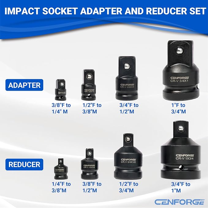 8-PC Impact Socket Adapter and Reducer Set, 1/4" 3/8" 1/2" 3/4" Drive Socket - Image 2