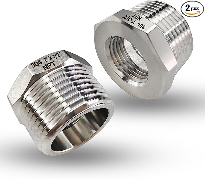 2 Pcs 304 Stainless Steel 1" Male to 1/2" Female Reducer Bushing, 1 Inch MNPT by PipeFloProonline