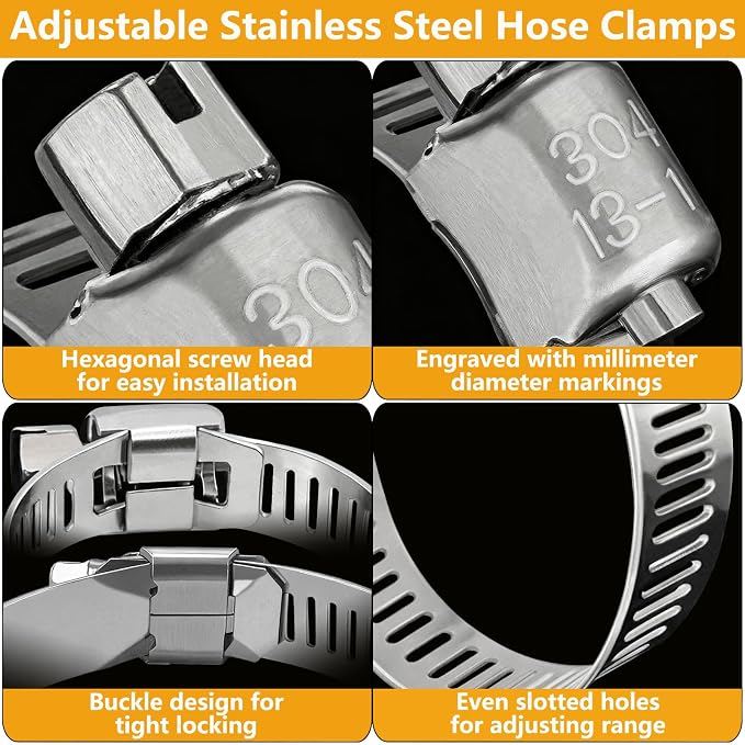 25 Pack Stainless Steel Hose Clamps Assortment Kit, Adjustable 8-57mm Worm Gear - Image 5