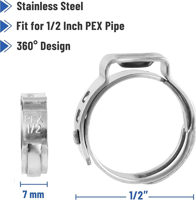 Bates- 1/2" PEX Cinch Clamp Rings, 50 Pack, Stainless Steel, PEX Pipe Clamps - Image 3