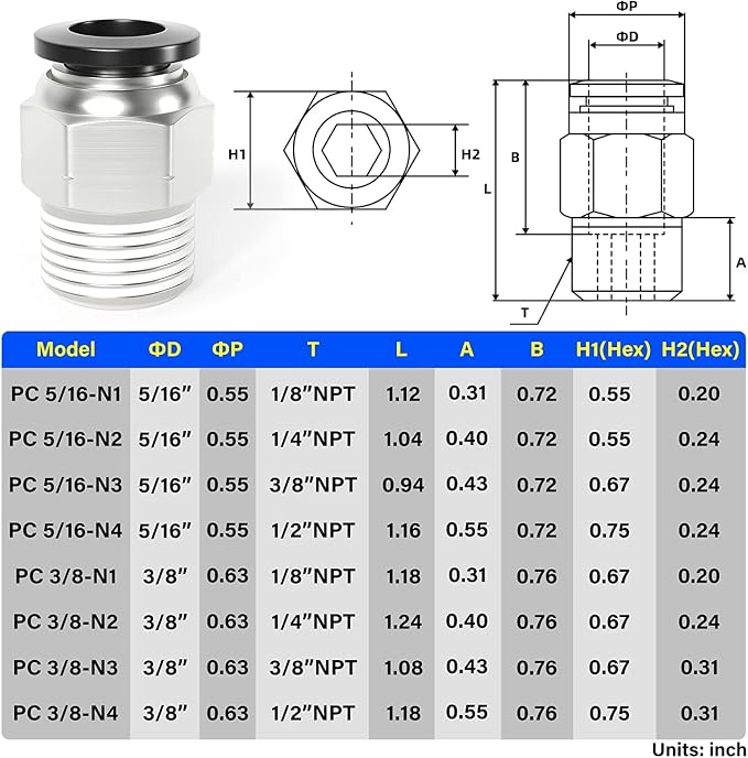 TAILONZ 3/8" Tube OD x 3/8" NPT Male Straight Push to Connect Fitting 5pcs | - Image 2