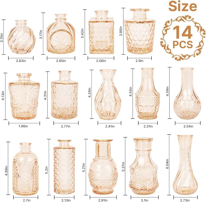 Clear Amber Gold Glass Bud Vase Set of 14 Pcs, Small Bud Vases in Bulk - Image 4