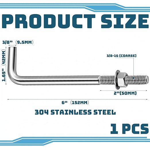 Yaocom 1 Pcs Anchors Bolts 3/8-16 x 6 Inches 304 Stainless Steel Concrete J - Image 2