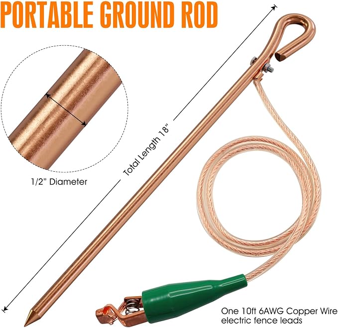 Portable Grounding Rod with 10' Long Flexible Bonding Wire with Copper Clip - Image 2