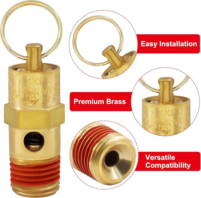 1/4 Inch NPT 175 PSI Brass Air Pressure Relief Safety Valve | Heavy Duty Brass - Image 3