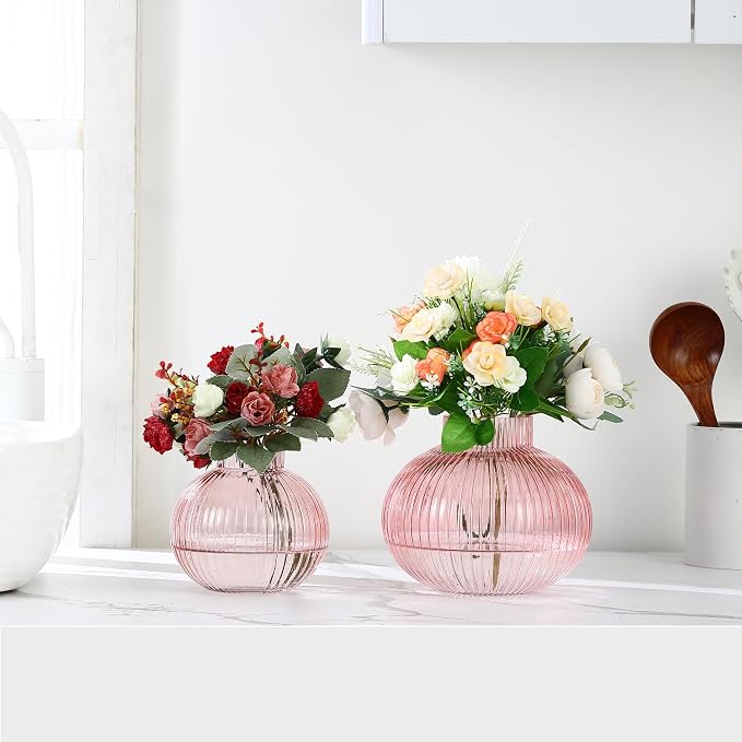 Pink Glass Vases for Tulips, Flower Vases for Bouquet, Ribbed Glass Vase for - Image 5