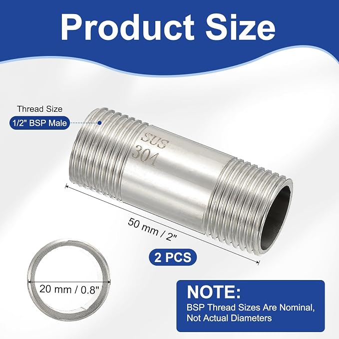 PATIKIL 304 Stainless Steel Pipe Fitting, 2 Pack 1/2" BSP Male x 1/2" BSP Male - Image 2