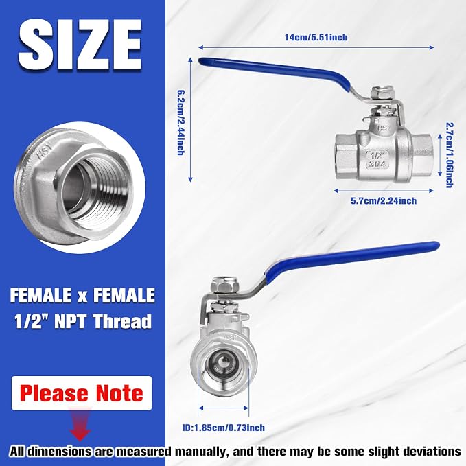 2 Pack Ball Valves 304 Stainless Steel 1/2 Inch NPT Female to Female Thread - Image 2
