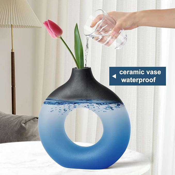Black Ceramic Donut Vase Set of 2, Big Hollow Round Matte Pampas Flower Vases - Image 3