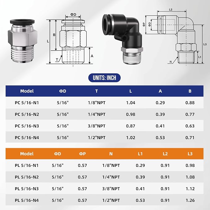 1/4 Push to Connect Fittings npt Thread to 5/16 Air Line quick | Pneumatic - Image 2