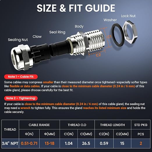 QILIPSU 2pcs 3/4" NPT 304 Stainless Steel Cable Gland Waterproof IP68 Metal - Image 5