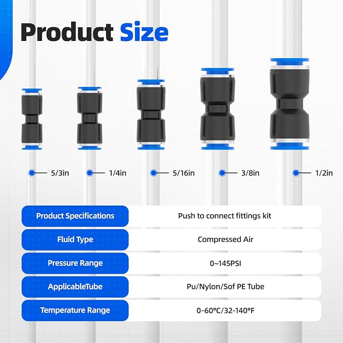 50PCS Quick Connect Air Hose Fittings 5/32 1/4 5/16 3/8 1/2 inch Straight Push - Image 2