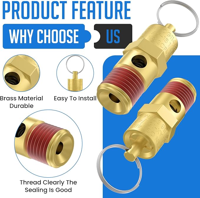 2 Pcs 1/4" NPT 150 PSI Air Compressor Pressure Relief Valve, Brass Safety Valve - Image 3