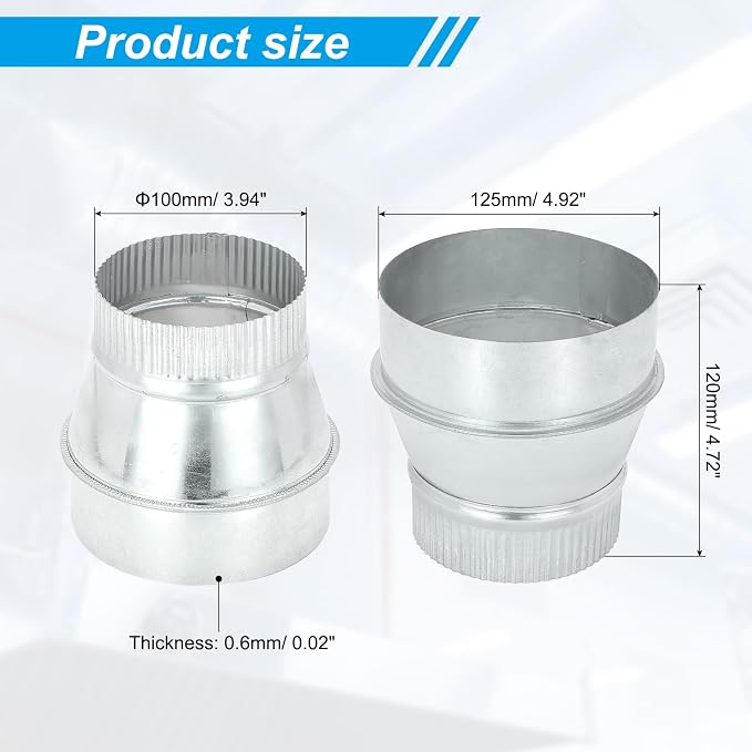 PATIKIL 5 Inch to 4 Inch Duct Reducer, Galvanized Steel Round Air Duct Reducer - Image 2