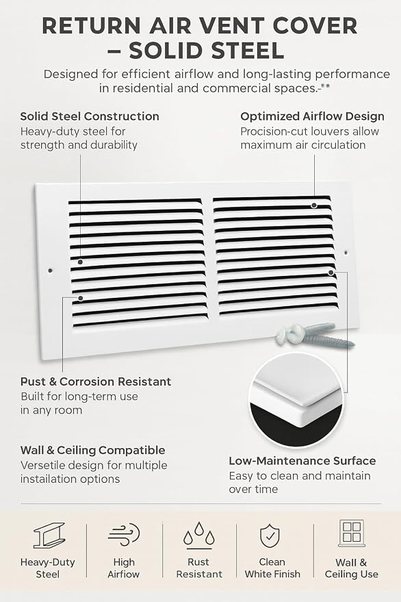 14 x 10 Inch Return Air Vent Cover, Solid Steel HVAC Grille - Image 4