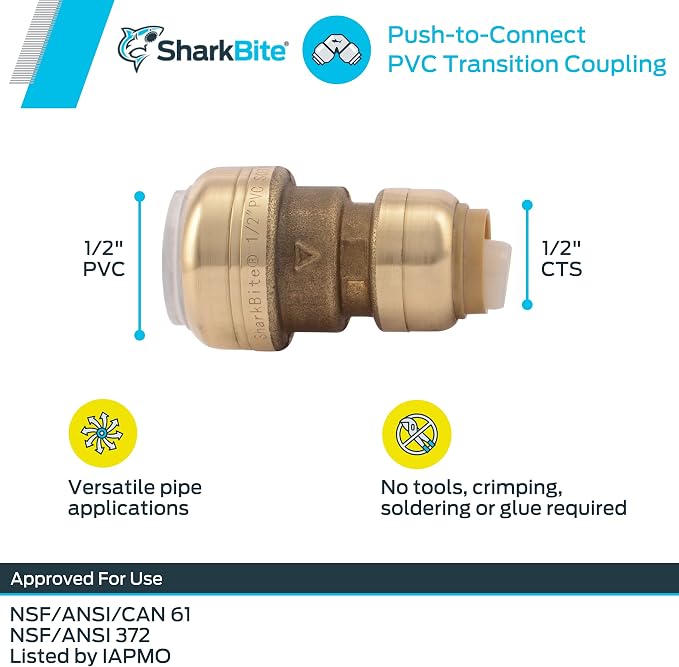 SharkBite 1/2 Inch CTS x 1/2 Inch PVC Transition Coupling, Push to Connect - Image 5