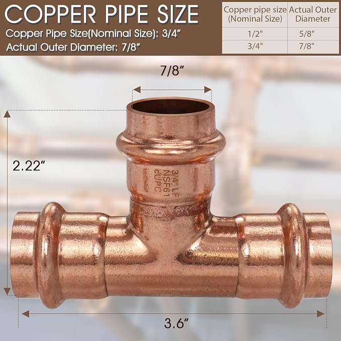 Copper Press Fittings Tee 3/4 Inch Copper Press Tee Coupling 12PK, Zero Lead | - Image 2