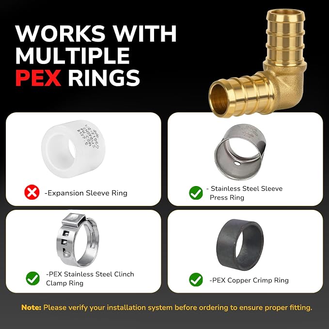 Pex Fittings, 1/2" Pex 90 Degree Elbow, Heavy-Duty Brass Crimp Fittings - Image 7