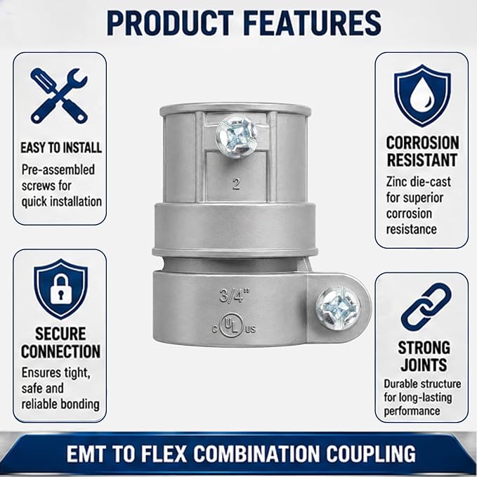 3/4" Squeeze EMT to Flex Coupling, cULus Listed, 5 Pack | Zinc die-cast - Image 3