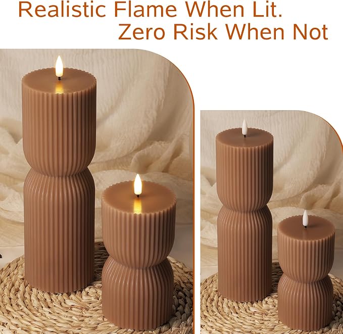 Brown Ribbed Fall Flameless Pillar Candles - Image 5