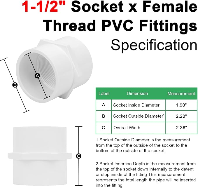 6Pack 1-1/2Inch PVC Female Thread Adapter Pipe Fittings, 2-Way PVC Pipe - Image 2