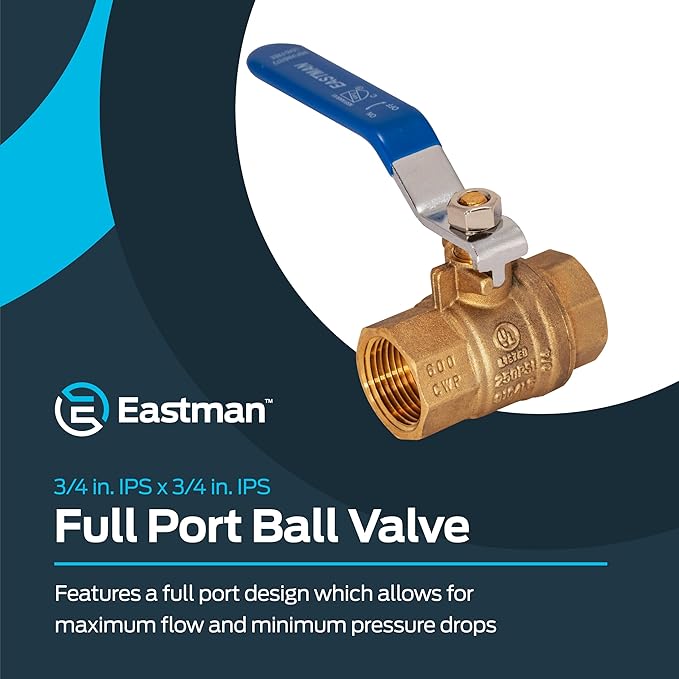 Eastman 3/4 Inch IPS Heavy Duty Full Port Ball Valve, Brass Plumbing Fitting - Image 2