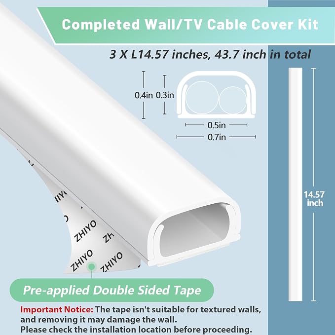 ZhiYo 43" Cord Covers for Wires on Wall, 0.7" W x 0.4" H | Fits 2 Cords - Image 3