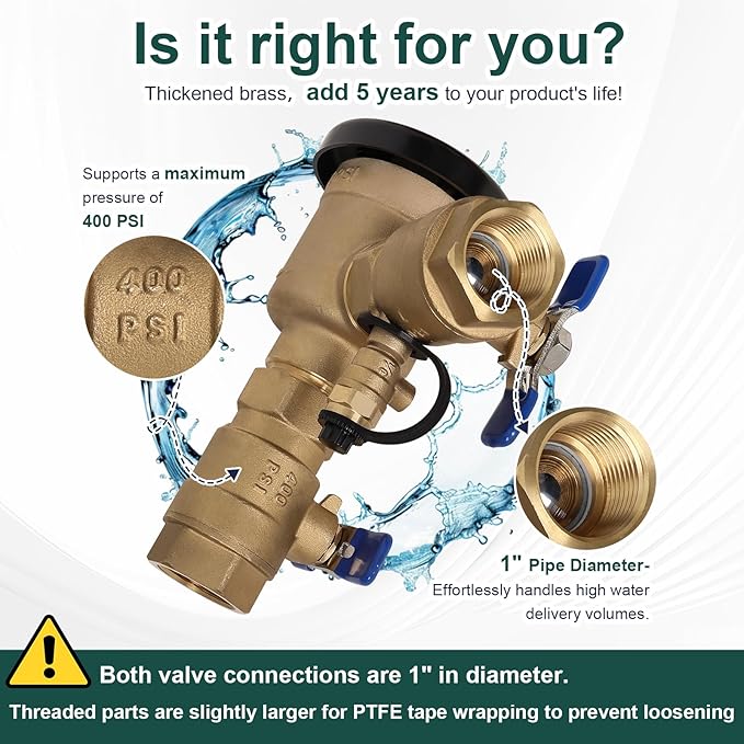 【UPC® Certified】1" Brass Pressure Vacuum Breaker, 400PSI Max, Heavy Duty Brass - Image 6