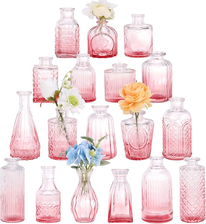 18pcs Pink Glass Bud Vase Set, Small Flower Vases by Fixwal