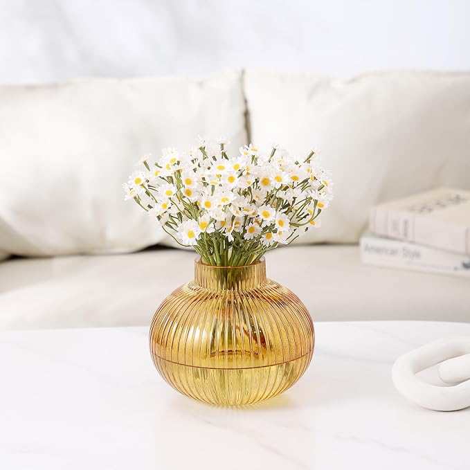 Amber Glass Vase for Tulips, Ribbed Glass Vase for Flowers, Round Flower Vases - Image 3