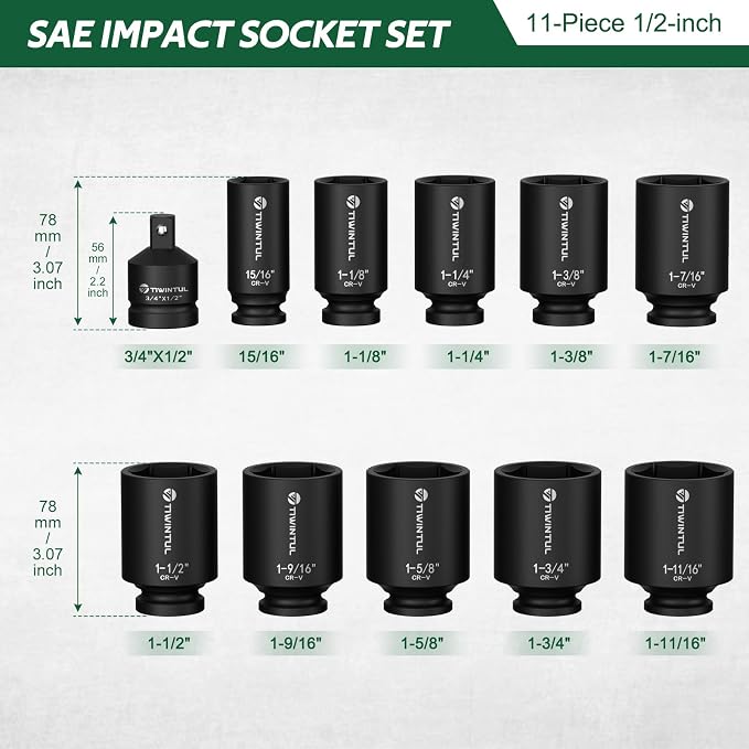 Axle Nut Socket Set, 1/2" Drive SAE Impact Socket 15/16 to 1-3/4 | 11Pcs - Image 2