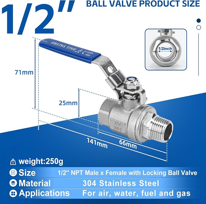 2 Pack 1/2" Full Port Ball Valve NPT Male x Female 304 Stainless Steel Heavy - Image 2