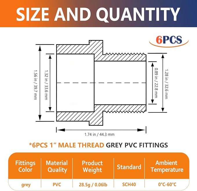 6PCS 1 Inch Male Thread Grey Pvc Fitting 2-Way PVC Coupling - Image 2
