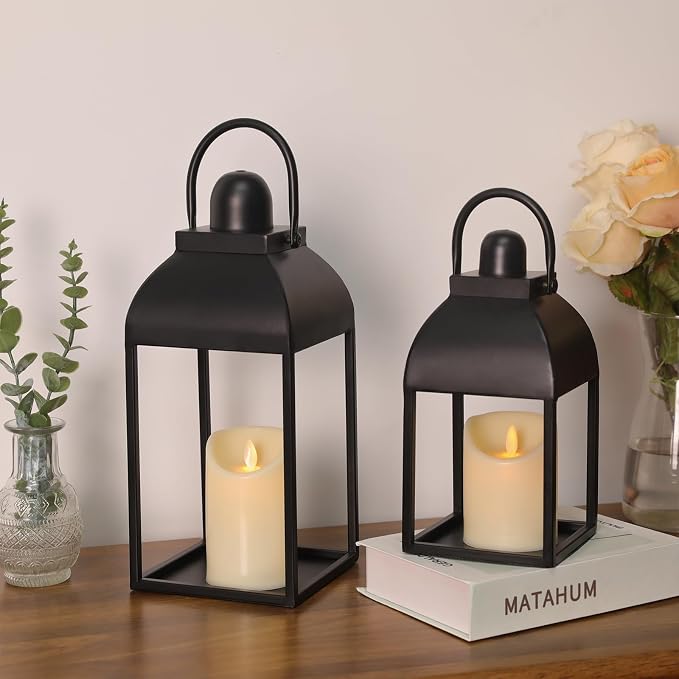 Lanterns Decorative Indoor 15" 11" Set of 2 Black Metal Lantern - Image 8