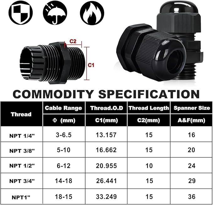 24 Pcs 3/8" NPT Black Adjustable Cable Glands - Image 2
