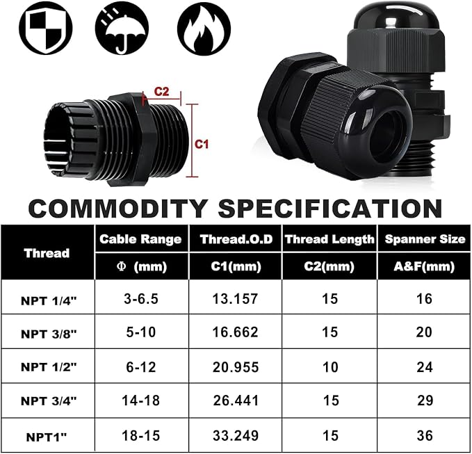 24 Pcs 1/4" NPT Black Adjustable Cable Glands - Image 2